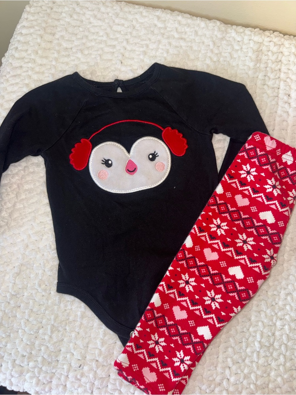 Kids Black Penguin Applique Set with Red Patterned Pants